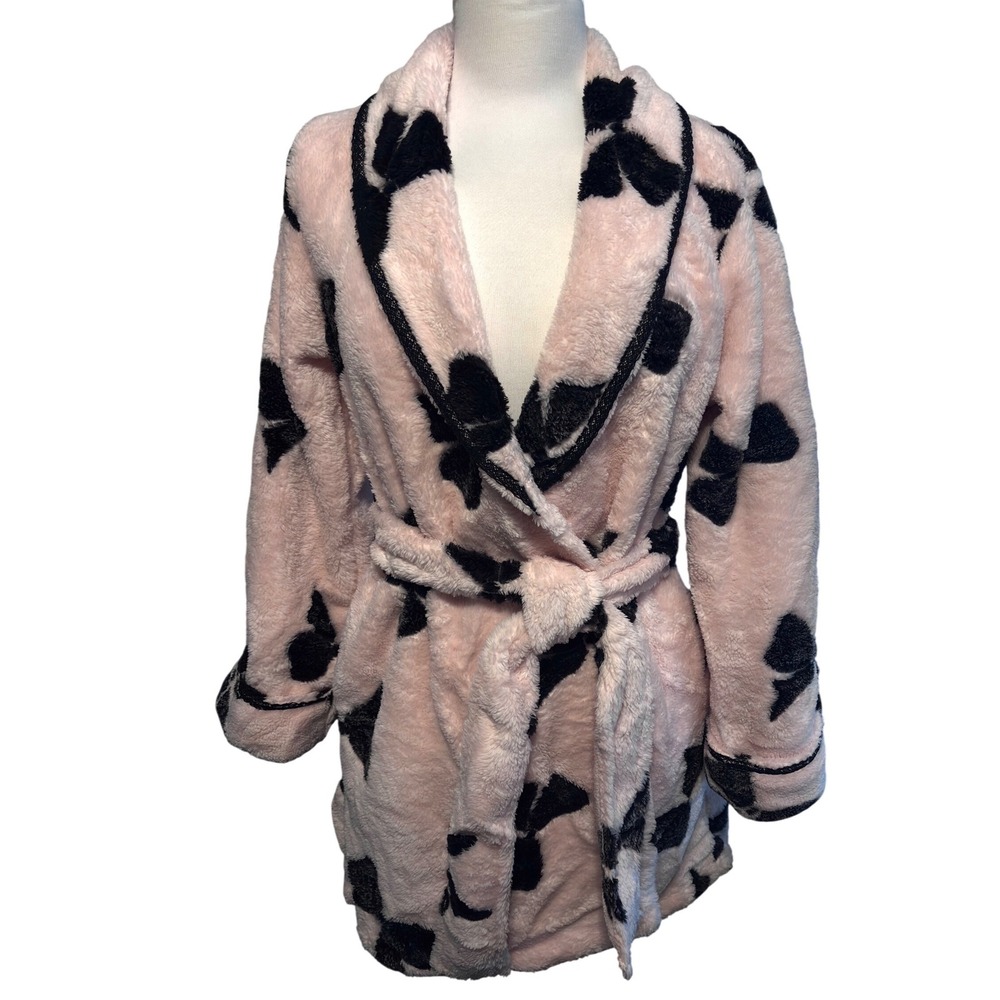 New Betsey Johnson Luxe Fleece Robe Womens Small Pink Black Bows Belted Pockets